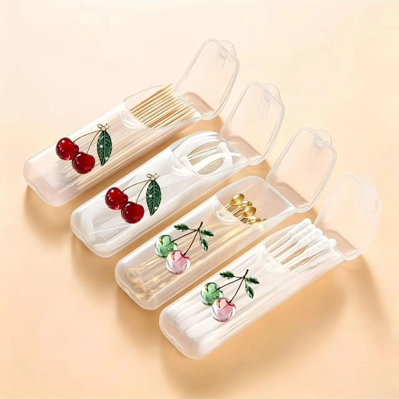 Attractive Cherry Pattern Portable Travel Storage Box - Storage Case for Toothpicks, Dental Floss & Daily Supplies, Compact Hand