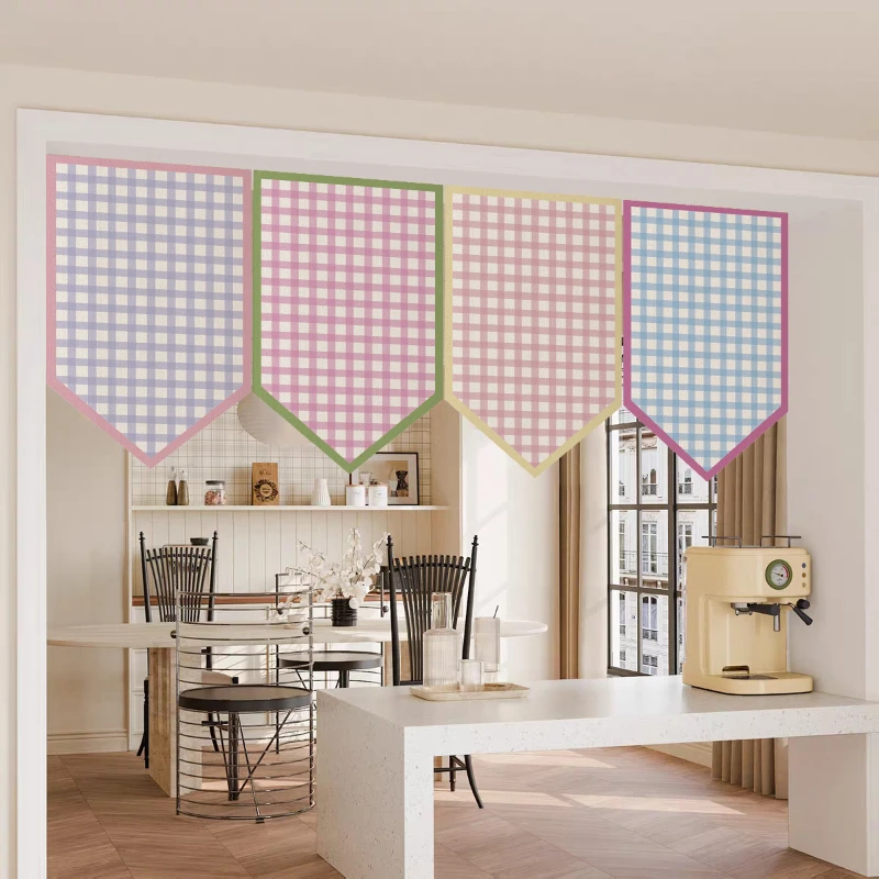 VIKAMA Korean Style Small Fresh Macaron Grid Triangular Flag Curtain Kitchen Door Wall Home Decoration
