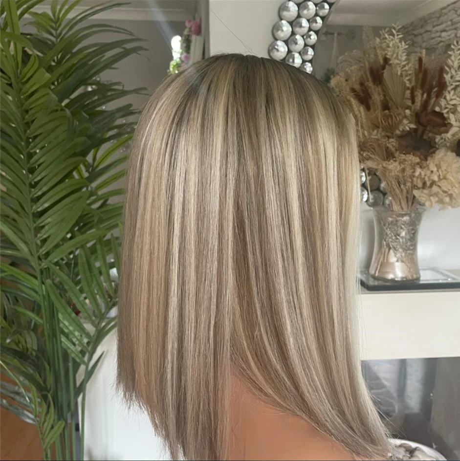 

Preplucked Natural Hairline Wig 16 Inch Bob Straight Silky Wig For Women Ash Platinum Blonde Wig Cosplay Daily Use Synthetic Wig