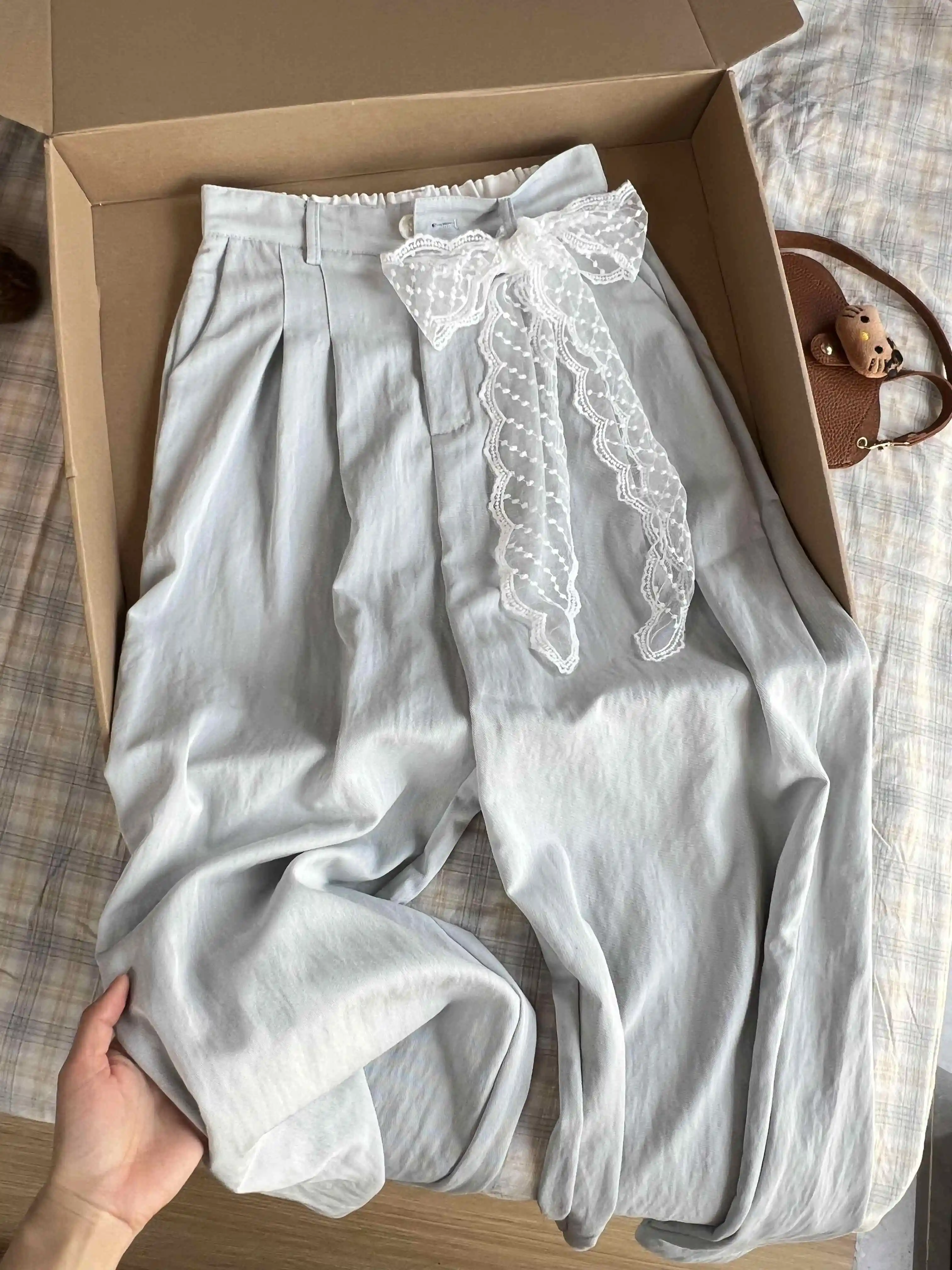 

Women's Light Blue Baggy Y2k Jeans Harajuku Vintage Denim Trouser Japanese 2000s Style Lace Bow Wide Jeans Pants Clothes Summer