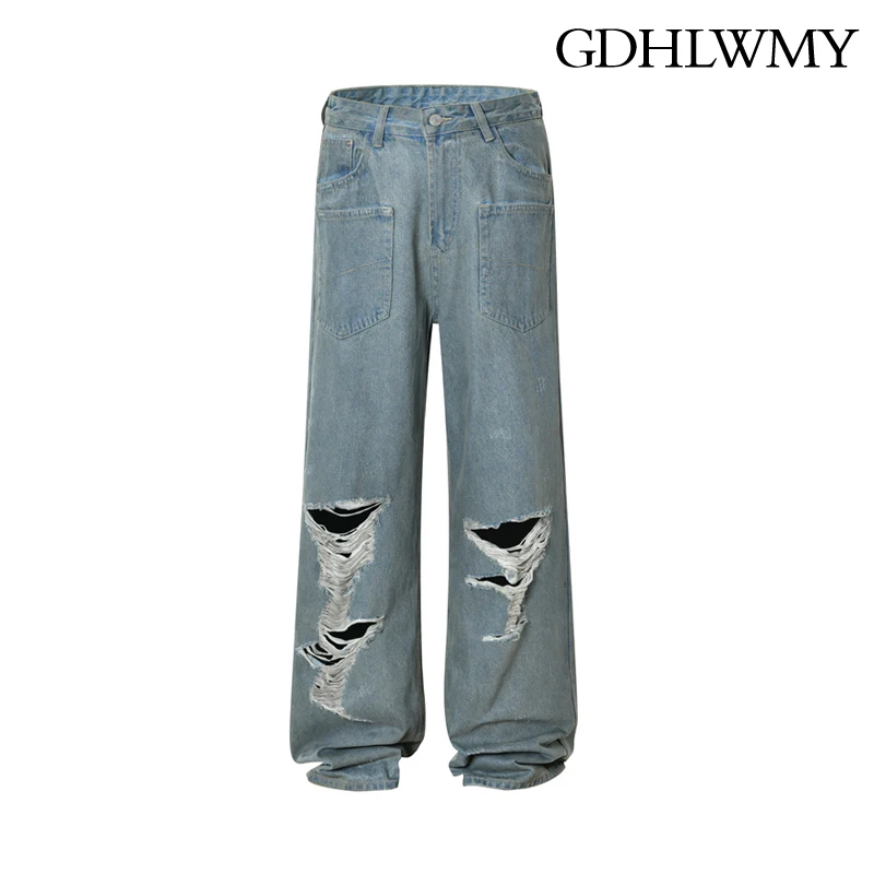 

GDHLWMY 2024 Jeans for men and women, seasonal American street hip-hop, reverse pocket design with holes, loose wide leg pants