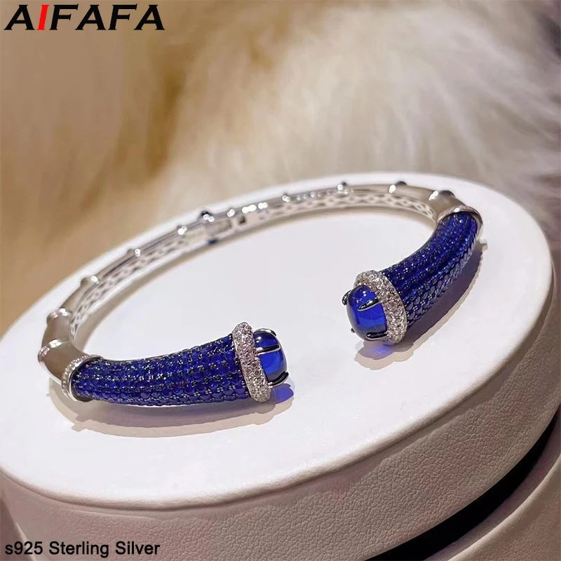 s925 Sterling Silver Blue High Carbon Diamond Bangle Luxury Men Women Cuff Bracelet Plate 18k White Gold Wristlet Fine Jewelry