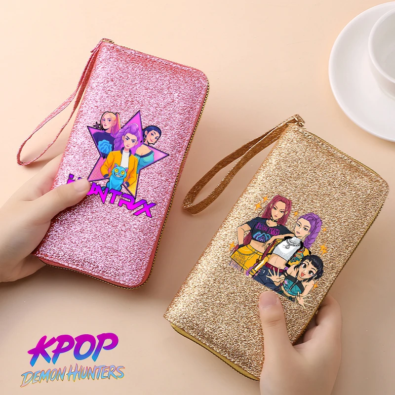 KPop شيطان الصيادين محفظة نسائية طويلة فتاة Kawaii النجوم بريق محفظة موضة متعددة الوظائف سستة محافظ بطاقة محفظة الهدايا