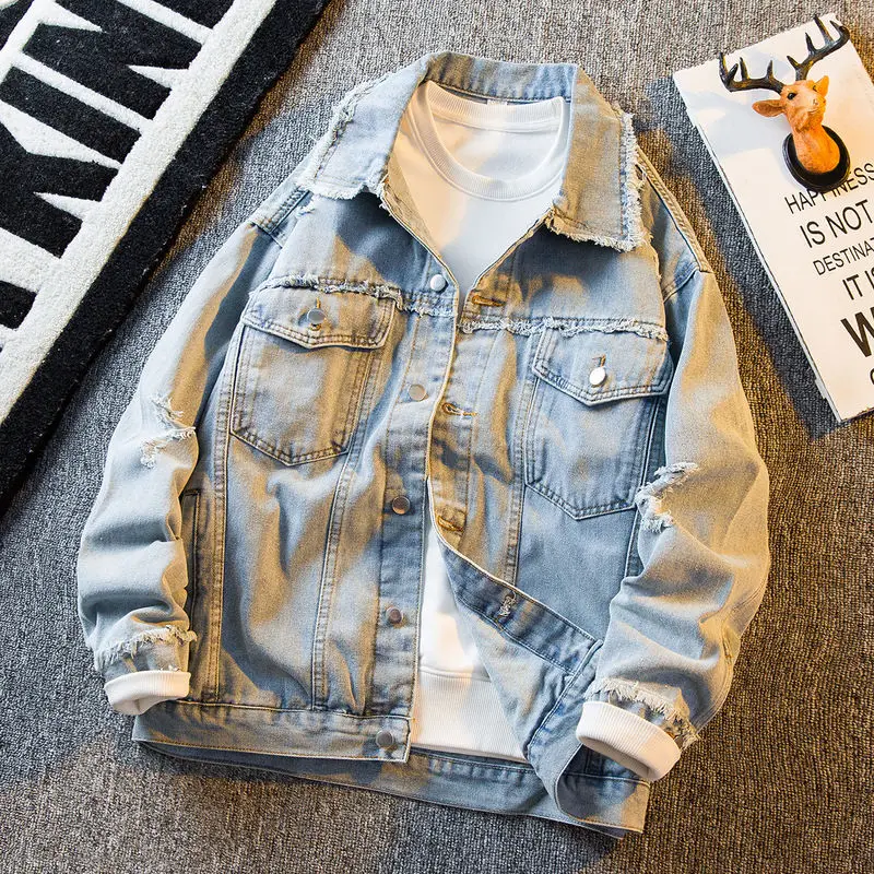 

Men's retro distressed denim jacket men's spring and autumn loose and handsome high street trendy clothing men jacket