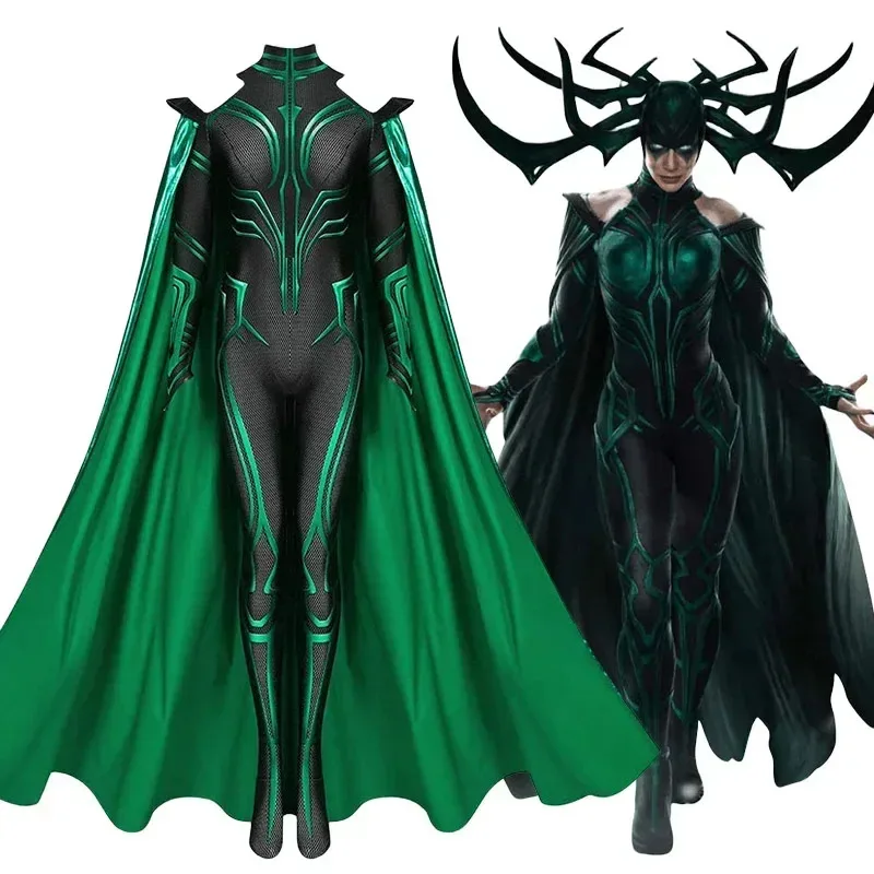 

Костюм для косплея Хелы Thor 3 Ragnarok Supervillain Hela, комбинезон для косплея, боди, плащ, костюмы на Хэллоуин для взрослых женщин R