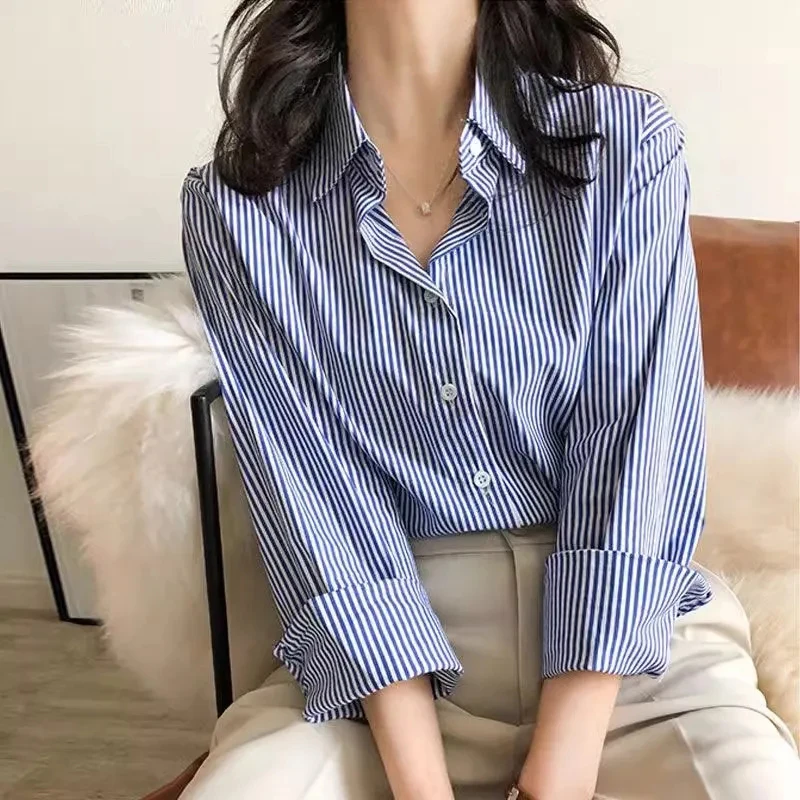 Chic Classic Blue Striped Shirt Women Casual Elegant Long Sleeve Loose Blouse Female Spring New All Match Shirts Tops