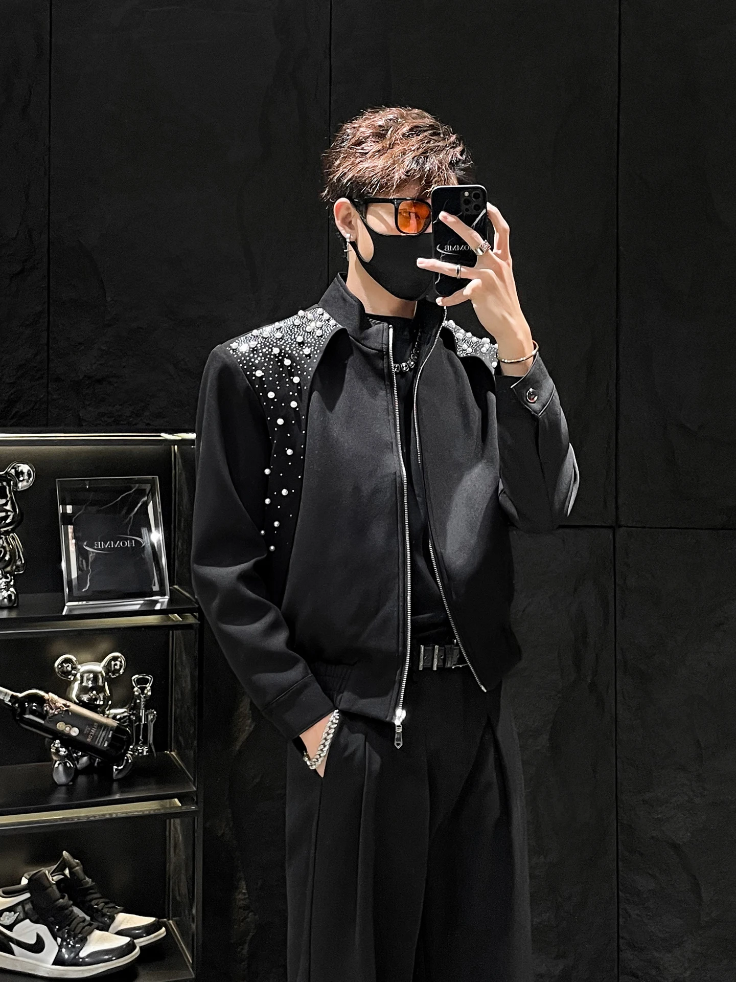 

Тяжелая работа с деконструированным жемчужным воротником Jaet или дизайнерская молодежная корейская мужская модная верхняя одежда со стразами