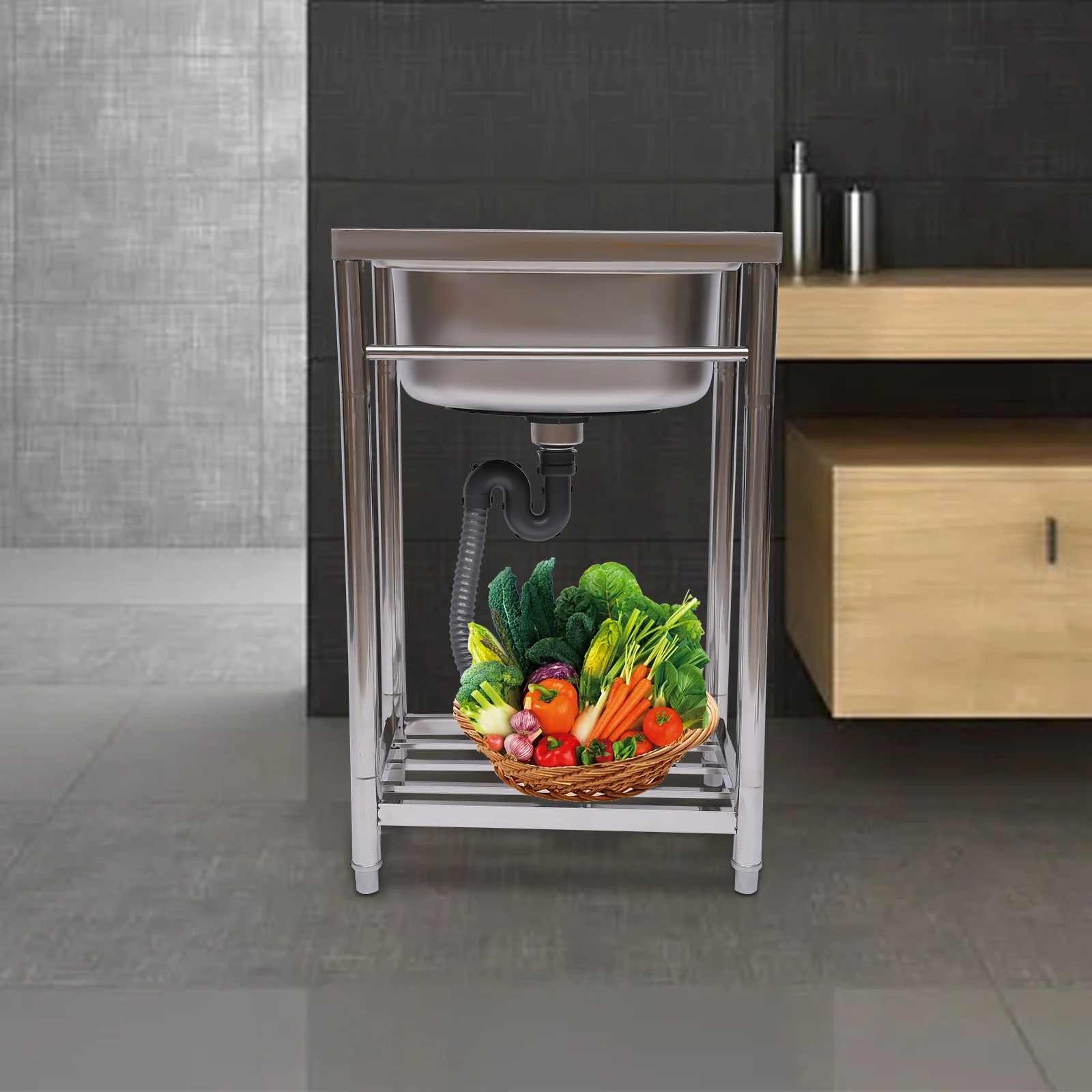 Free Standing Stainless-Steel Single Bowl Commercial Restaurant Kitchen Sink, Utility Washing Hand Basin w/ Storage Shelve