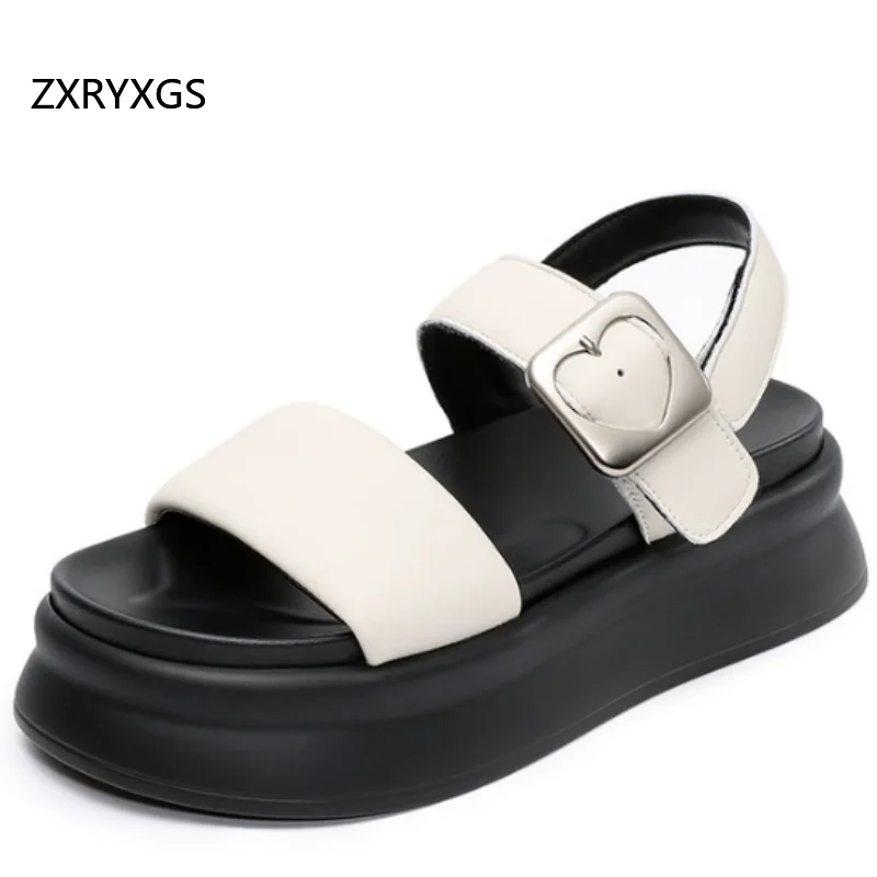ZXRYXGS 2026 New Summer Open Toe Sheepskin Leather Sandals Increase Height Thick Soled Roman Sandals Ladies' Fashionable Sandals