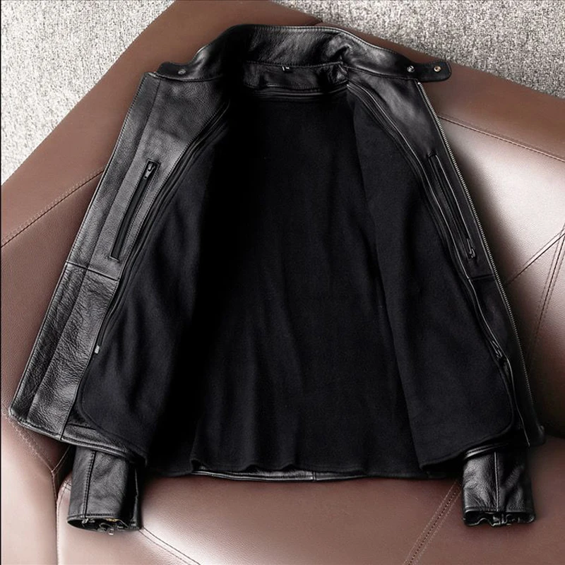 Free Shipping Genuine Leather Jacket Men 100% Cowhide Jacket Man Stand Collar Motorcycle Clothes Spring Autumn Winter 2023 New