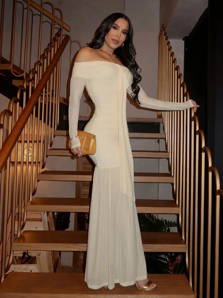 Whatiwear แฟชั่นเซ็กซี่ผู้หญิงตาข่าย Patchwork Slash คอปิดไหล่ Backless ริบบิ้น Midnight Prom Party Elegant Vestidos