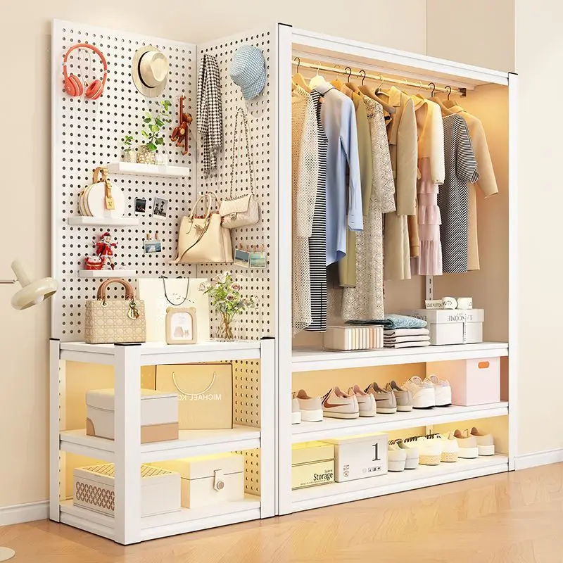 Household shelf wardrobe double-layer hanger steel hanger storage rack open simple wardrobe wardrobe coat rack