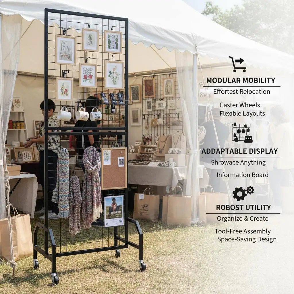 Torre de exhibición de malla metálica de 1.9 x 5.4 pies para ferias de artesanía, exposiciones de arte, almacenamiento en el hogar, base móvil con ruedas, 10 ganchos colgantes, color negro.