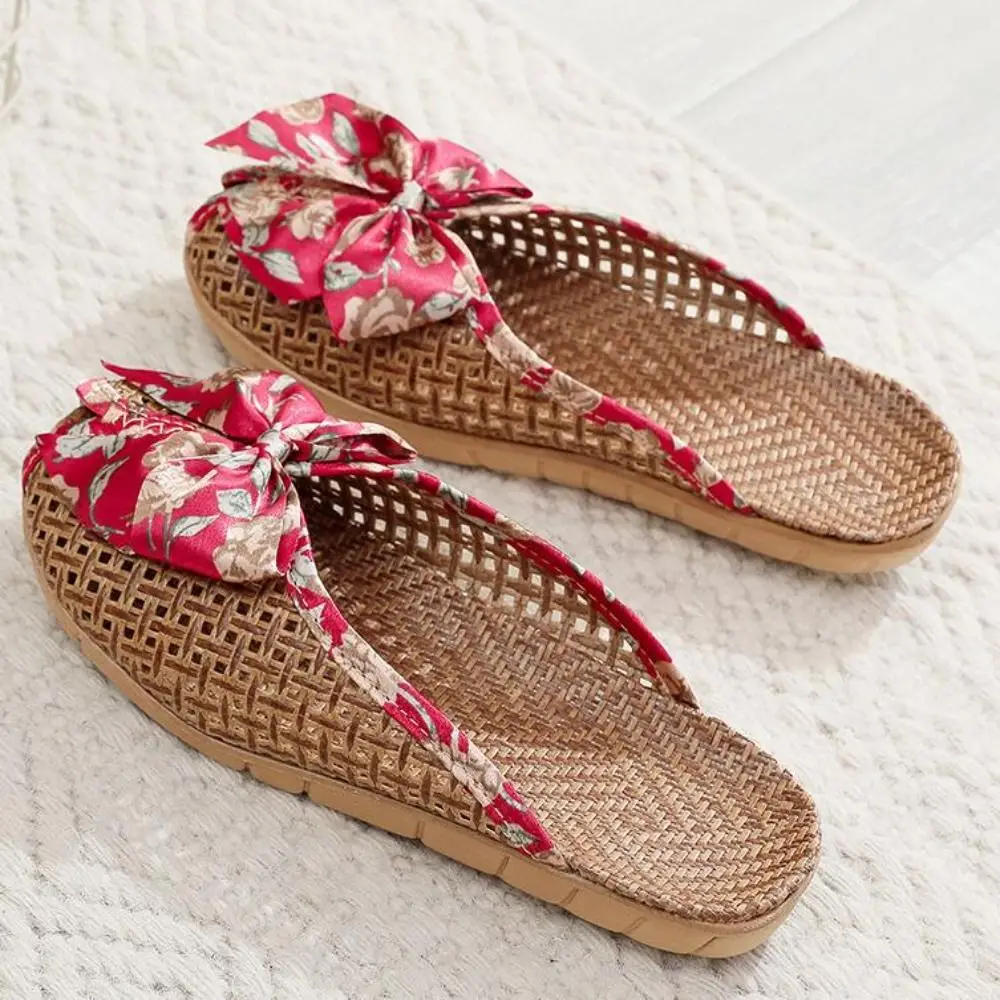 Sweat Absorption Sweet Bow Linen Slippers Hollow Out Peep-toe Closed-toe Sandals Beachwear Flat Slippers Women Indoor