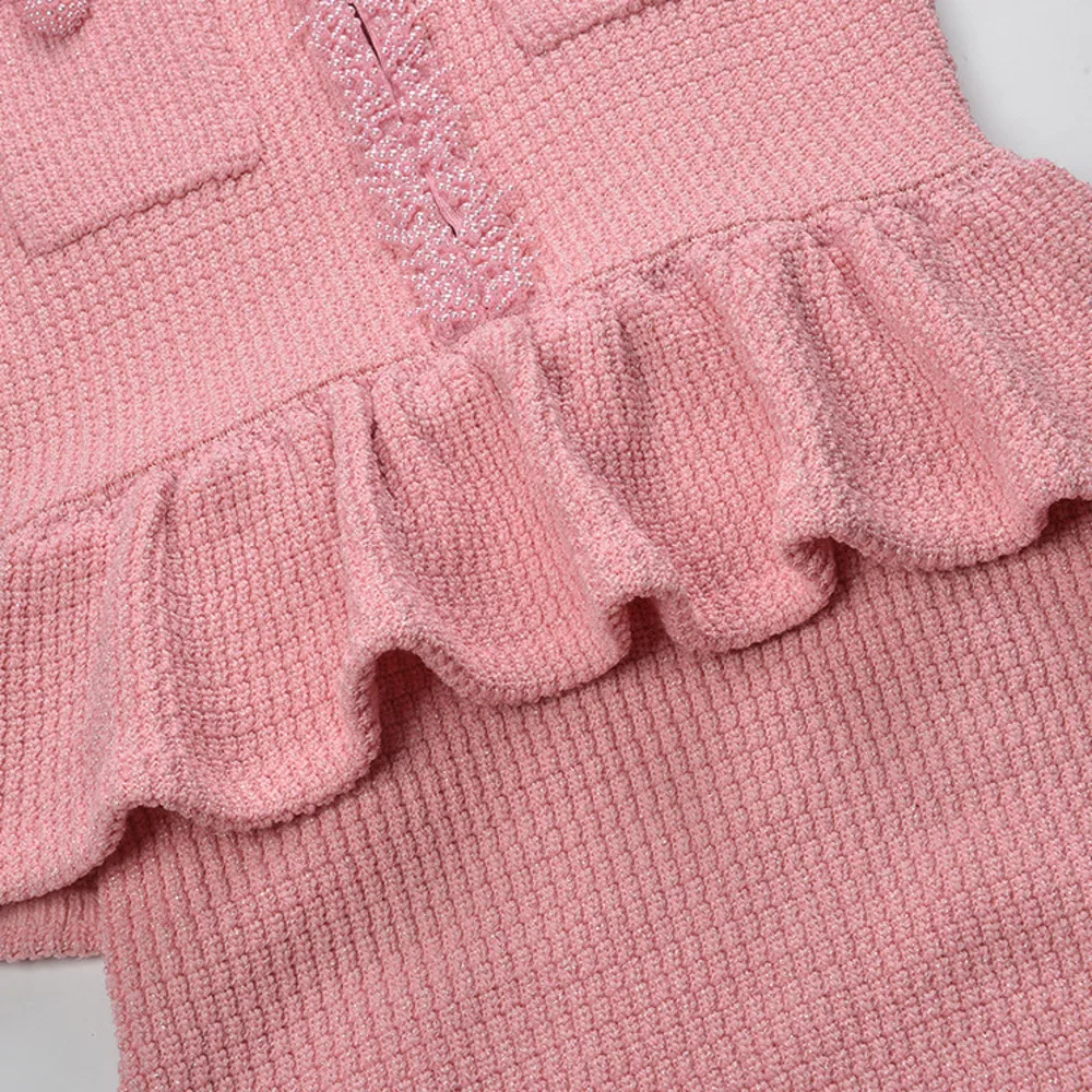 CHUJIE 2025 Jesień Zima Nowa Francuska Sukienka w Stylu Socjality, Lekki Luksus, Ozdobiona Koralikami, Okrągły Dekolt, Imitacja Dwuczęściowej, Z Falbanami, Dopasowany Krój, Długa Sukienka