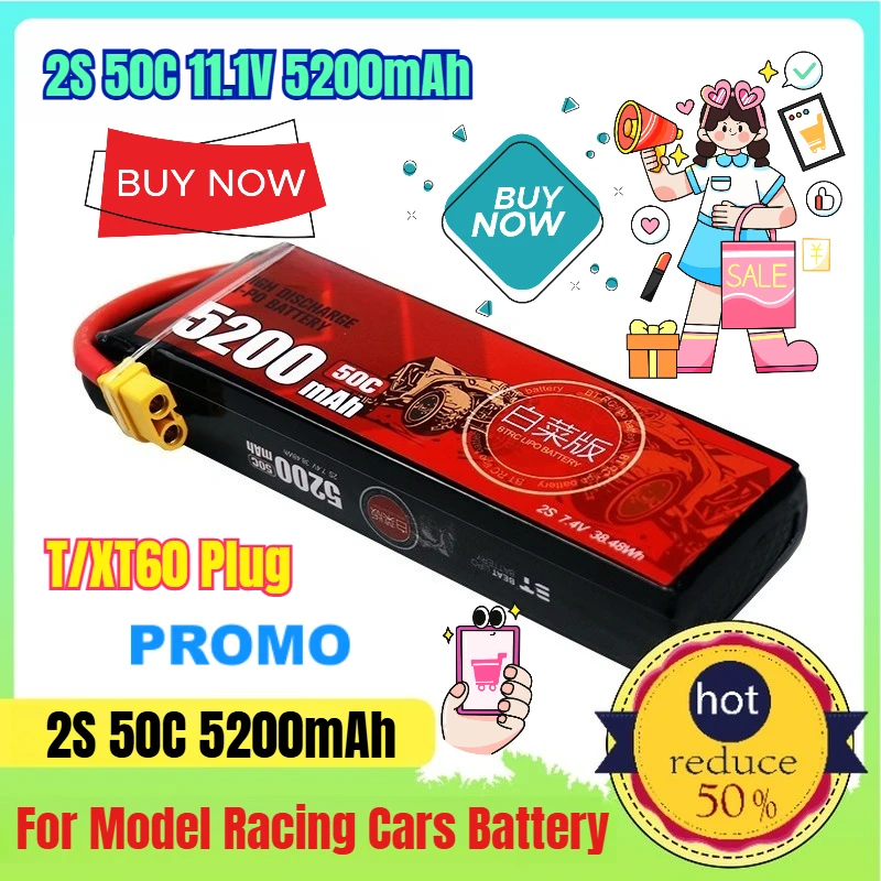 

T/XT60 5200mAh/2S/11.1V/50C Li-Po Battery for Model Racing Cars Rechargeable Batteries