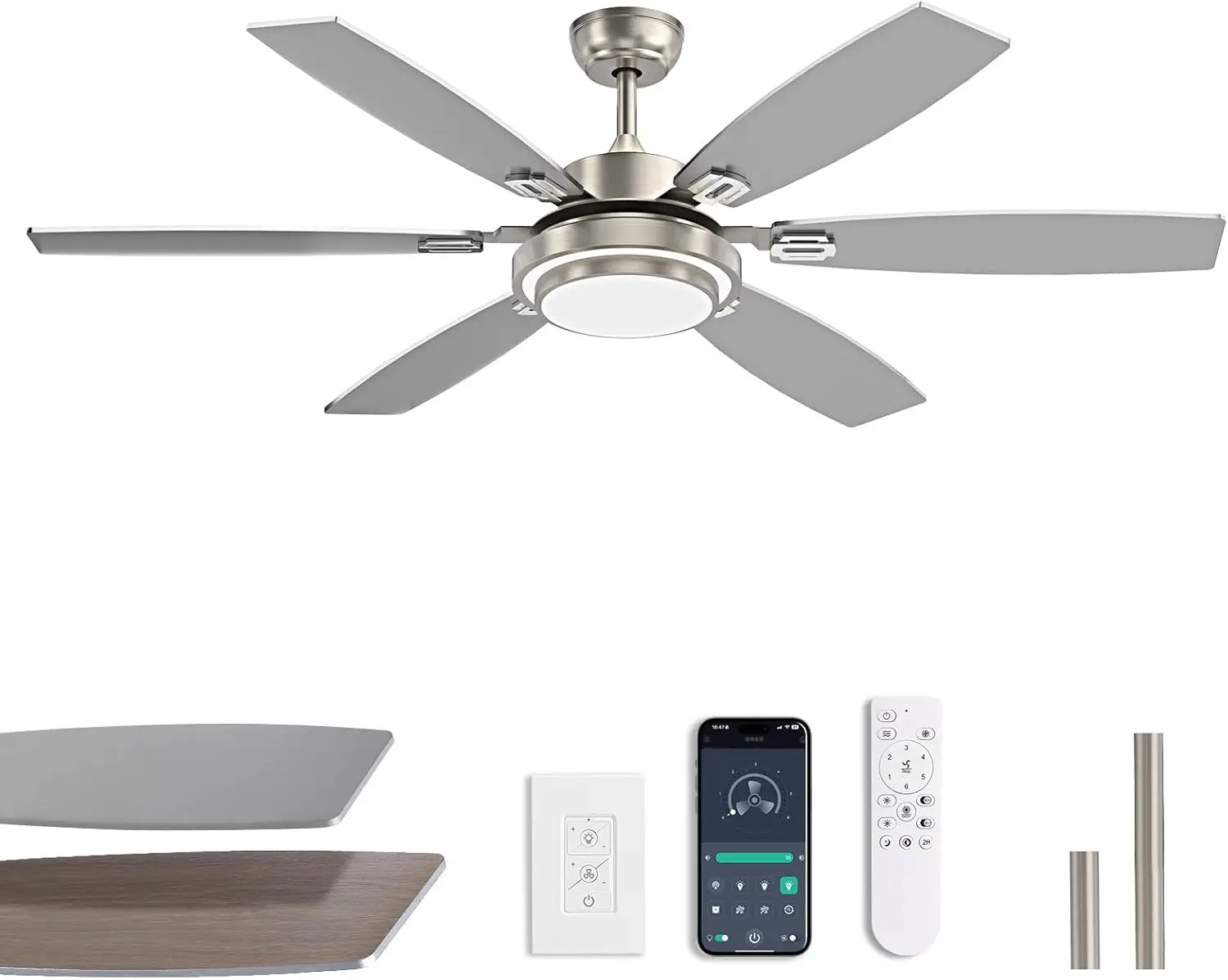 60 Inch Ceiling Fans with Lights and APP Control, Large Nickel Ceiling Fan with DC Motor, Modern LED Ceiling Fan for Living Room