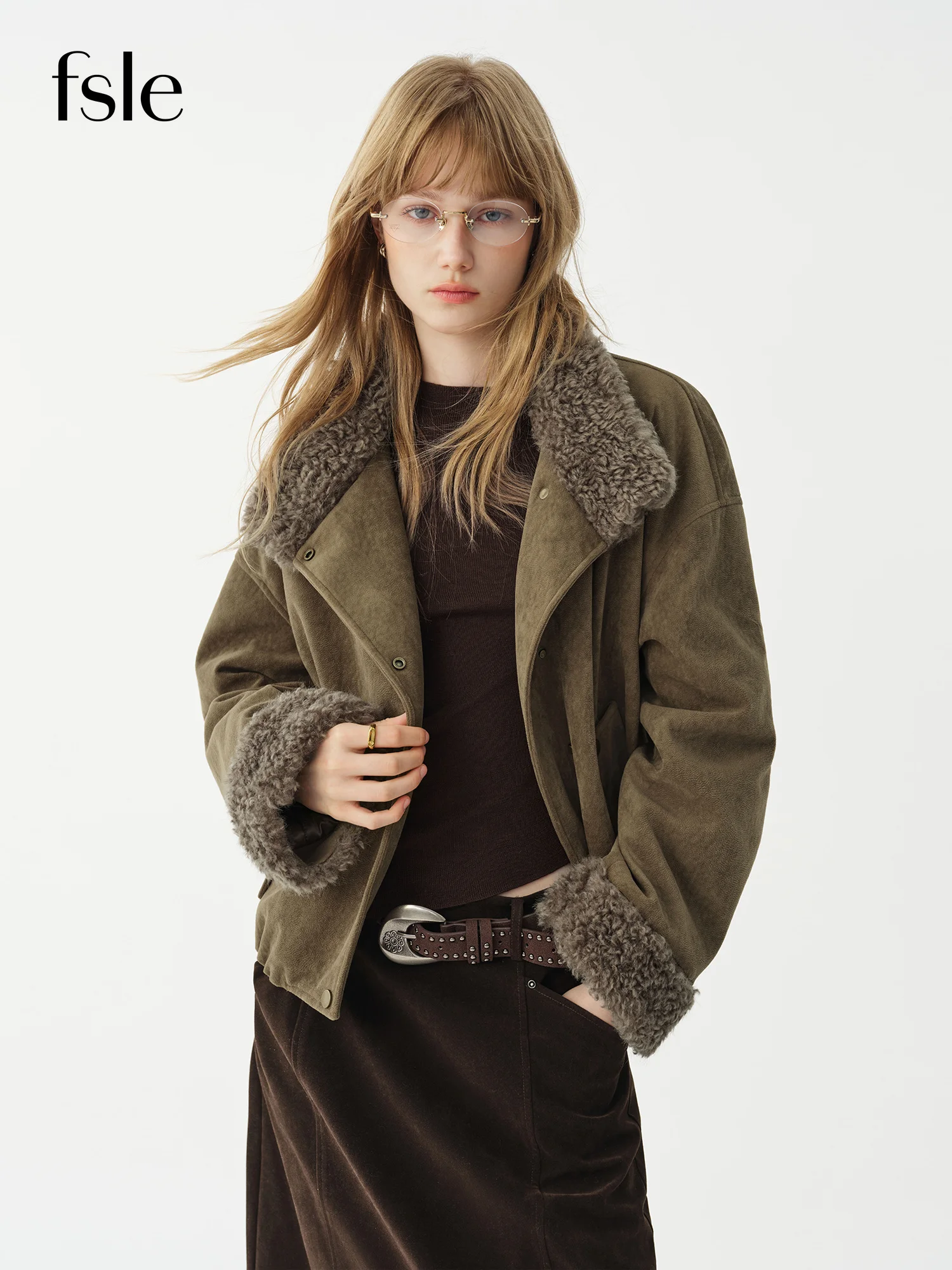 FSLE New Autumn Winter Women Faux Fur Collar Crop Jacket Warm Thick Suede Coat Casual Elegant Outerwear New Arrival Chic Coat