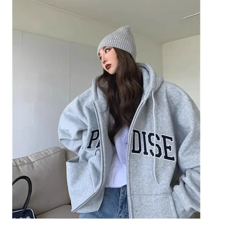 Vintage American Style Fall/Winter Fleece Lined Sweater for Women Hooded Letter Print Zip Up Cardigan Double Layer Cap y2k ins