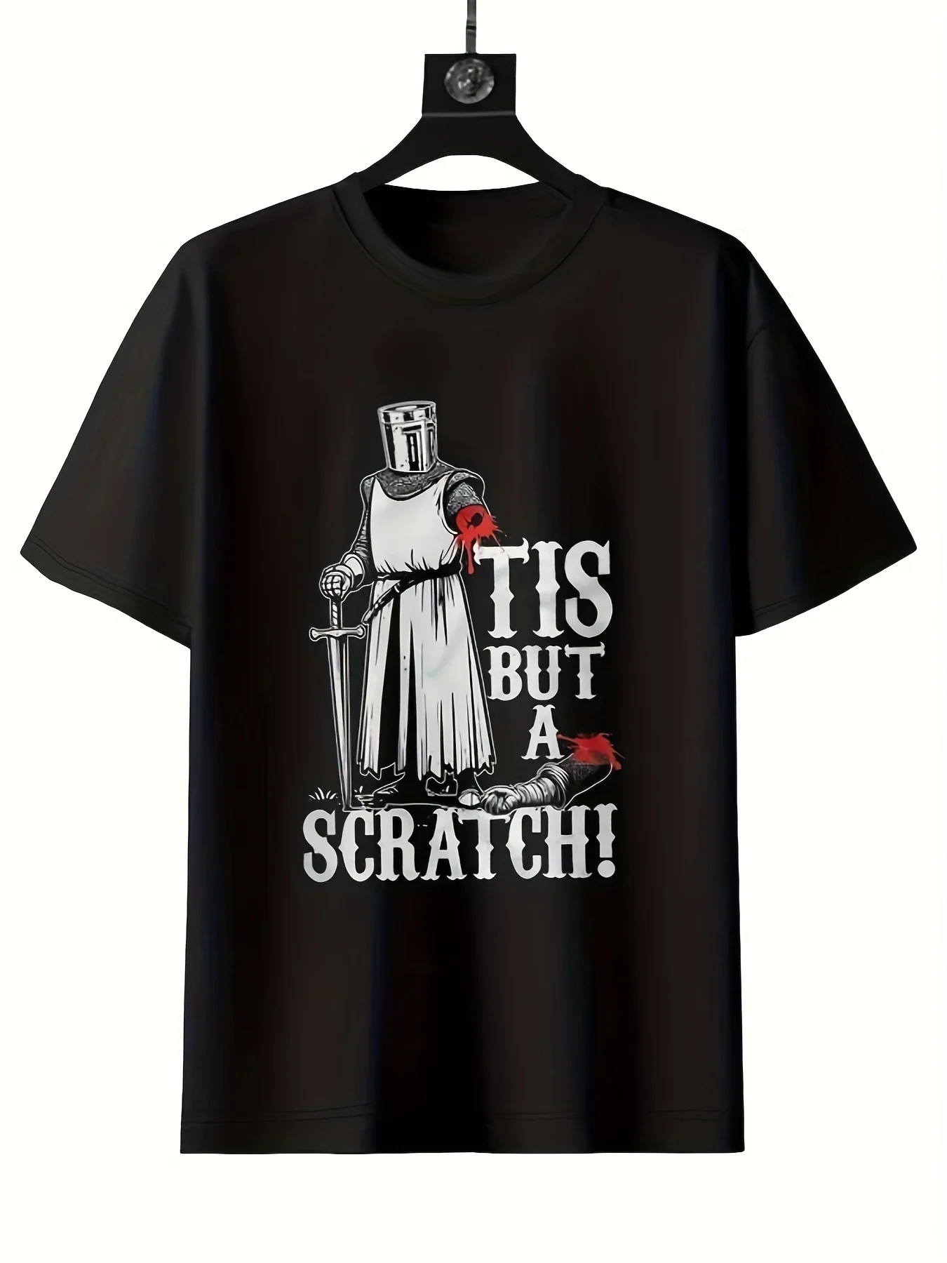Men'S Medieval Knight T-Shirt with a Humorous 'It'S a Scratch' Design Inspired by Monty Python, Made from 200Gsm Heavyweight Fabric. This Black Crew Neck Shirt Is Perfect for Renaissance Fairs, Costume Parties, Casual Outings, Beach Activities