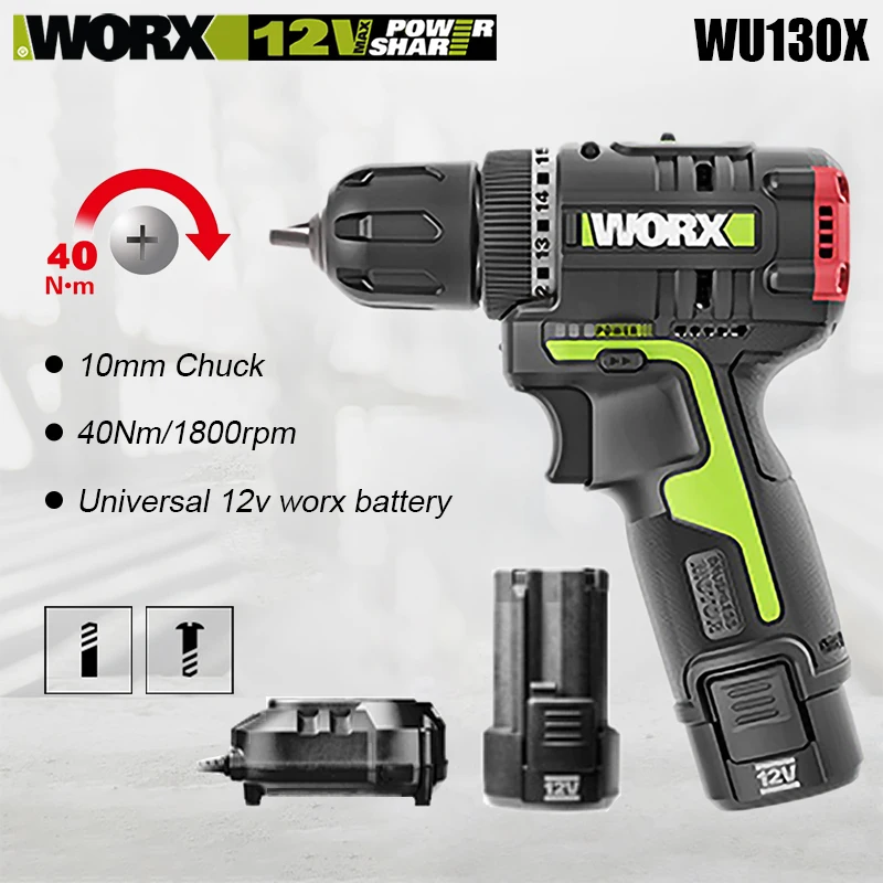 Worx WU130X Wireless Electric Drill Rechargeable Brushless 1800rpm 40Nm Dual Speed Adjustable Universal 12v Green Orange Battery