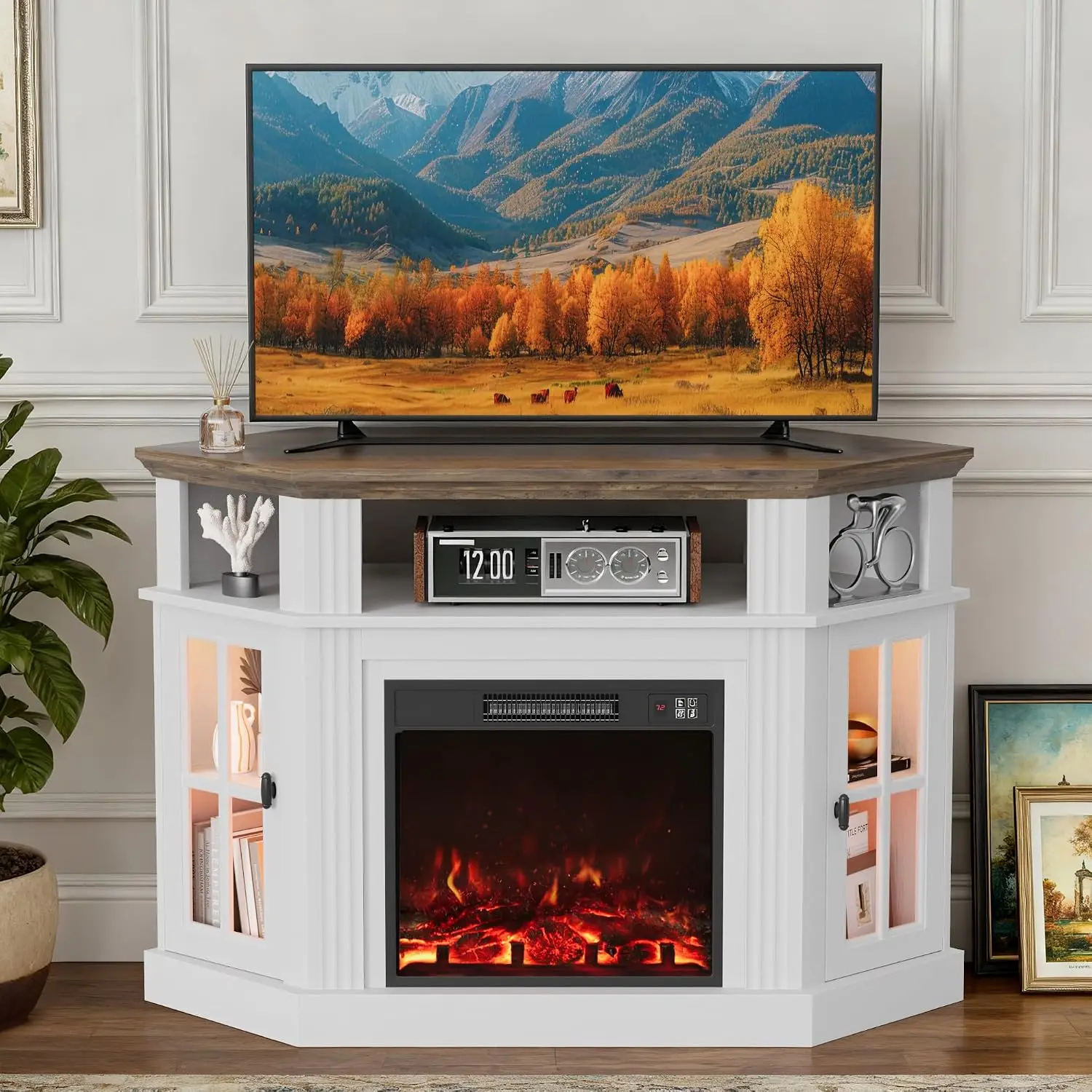 LED Corner TV Stand 55 Inch, Antique White Entertainment Center with Electric Fireplace, LED Light, Open Shelf, Storage Cabinet,