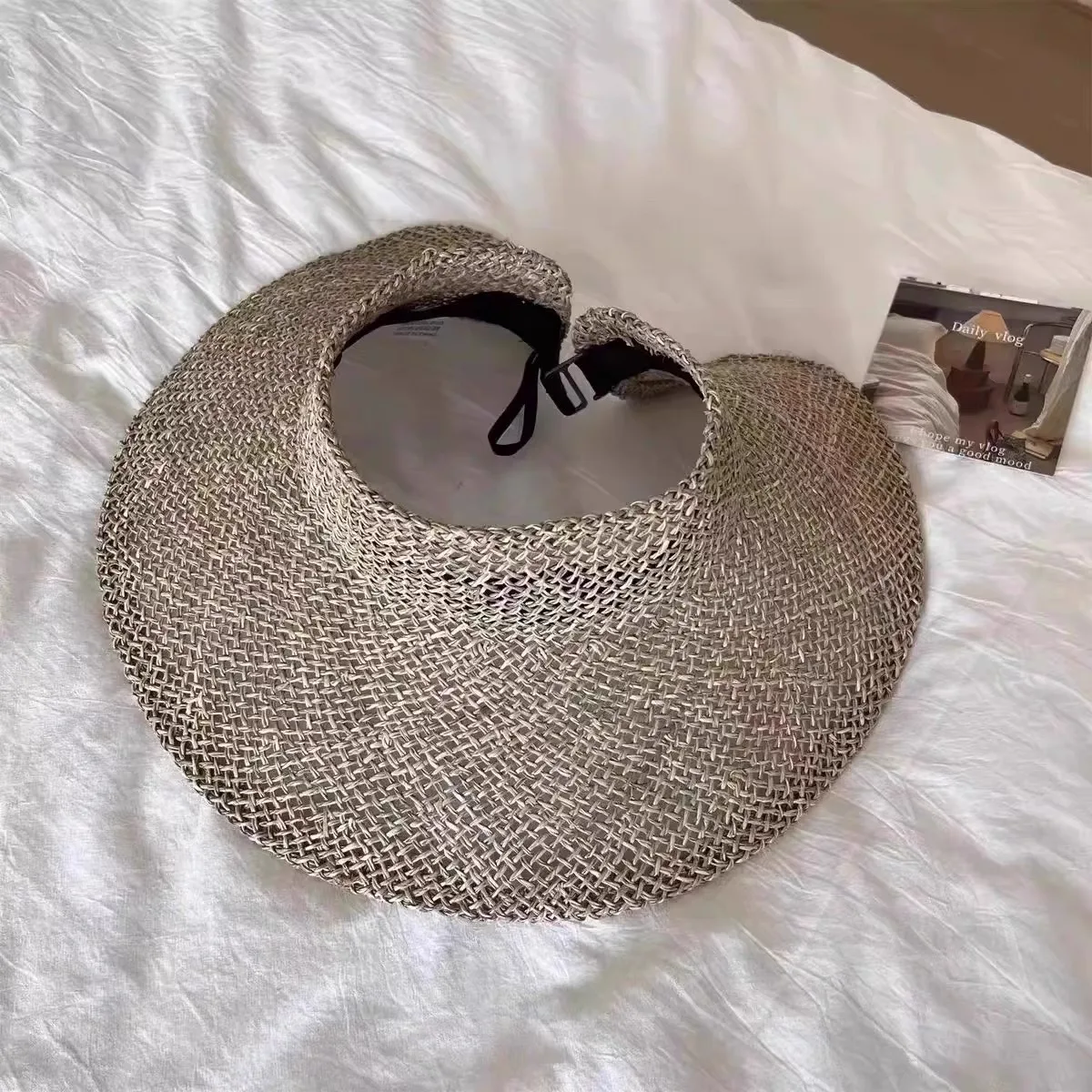 Foldable Women Bowknot Empty Top Sun Hat Uv Protection No Top Straw Cap Face Slimming Summer Ladies Breathable Cotton Wide Brim