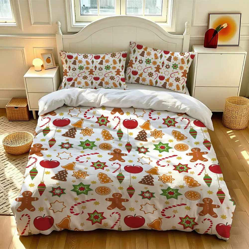 3pcs set(1 bedspread + 2 pillowcases) with Christmas gingerbread man and apple bell design suitable for home decoration