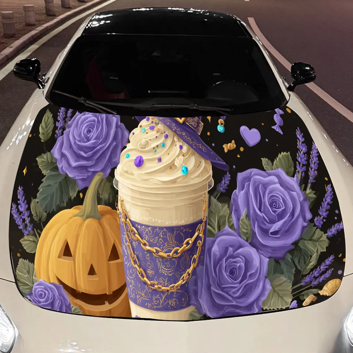 

Тыква - праздничный Хэллоуин, фиолетовая роза и наклейка на капот двигателя автомобиля, виниловые обертывания, водонепроницаемая самоклеящаяся наклейка на автомобиль