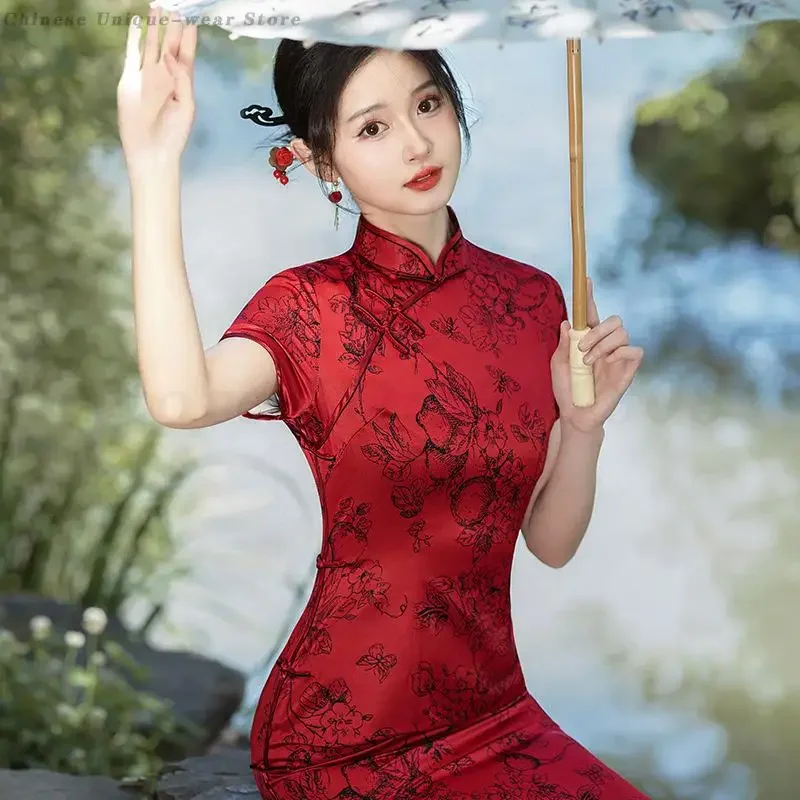 

Женское платье Cheongsam большого размера 3XL 4XL, летнее атласное платье Ципао с короткими рукавами и принтом в традиционном китайском стиле, свадебное платье