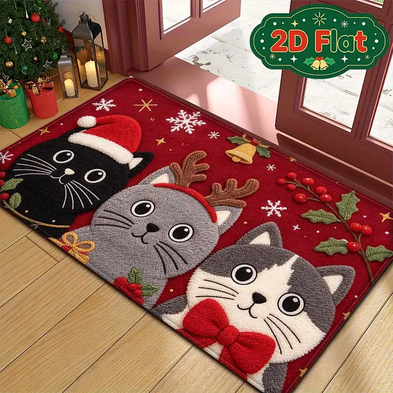 VIKAMA Xmas Tufted Doormat 3 Cats Santa Hat Antlers Bow Merry Xmas Skid Resistant Front Door Mat Seasonal Xmas Decor Home
