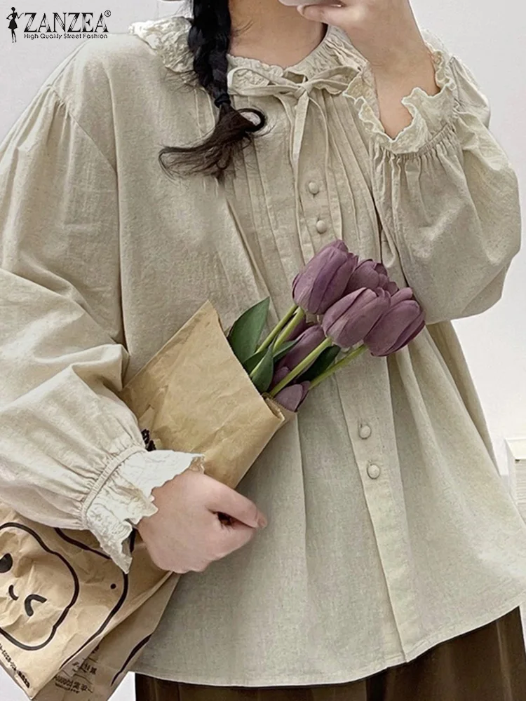 

Women Shirts ZANZEA Lace Collar Long Sleeve Spring Ruffles Blusas Solid Work Tops Mujer Fashion Lace Up Holiday Shirt Streetwear
