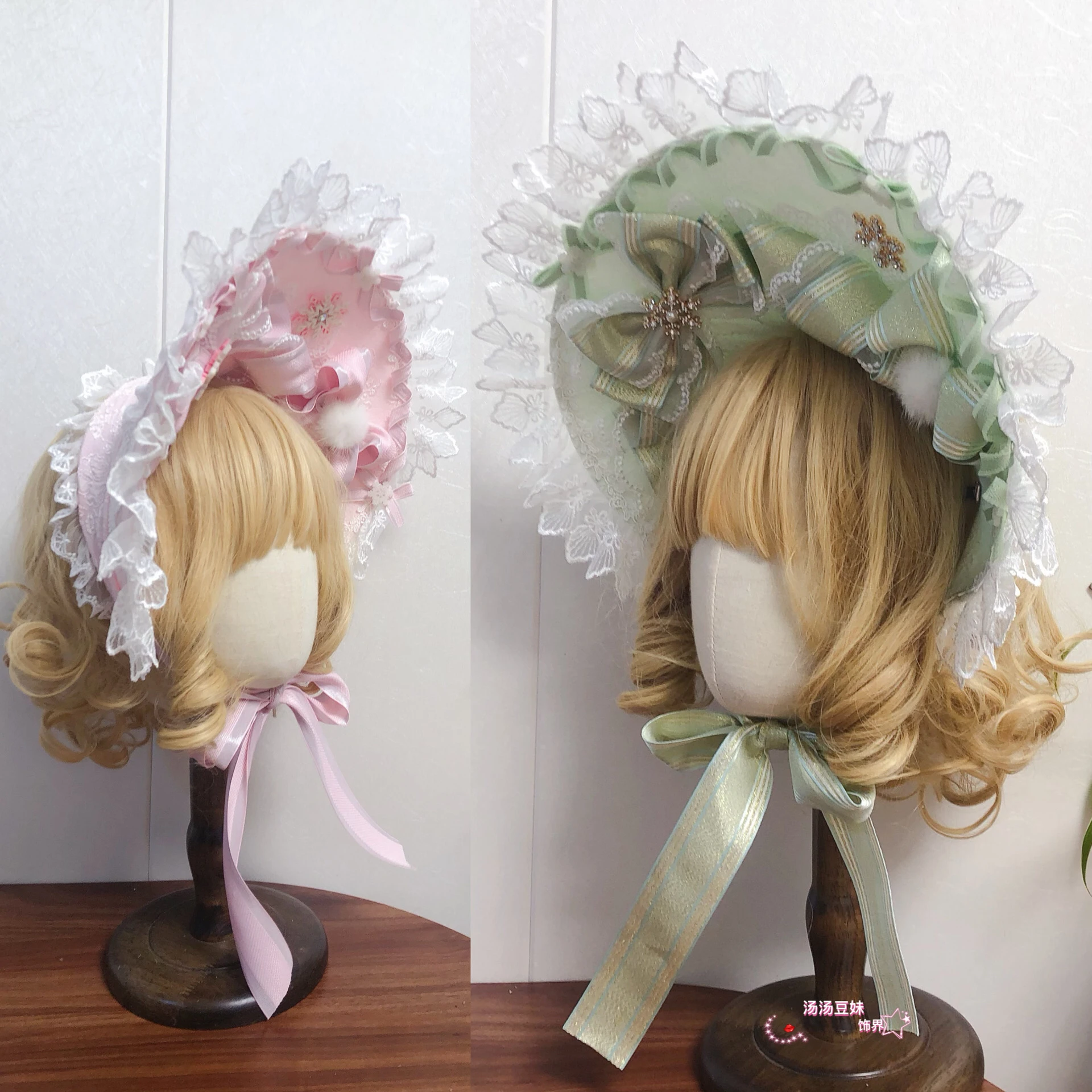 Original Design Lolita Christmas G Handmade Ponet Light Pink Blue Red and White Grass Green Lace Bnt Hats