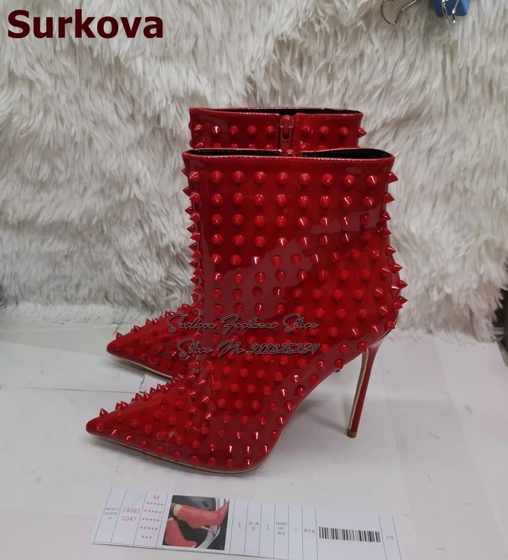 Surkova Hot Pink Red Patent Leather Full Rivets Ankle Boots Pointed Toe Stiletto Heels Booties Zipped Spikes Dress Shoes