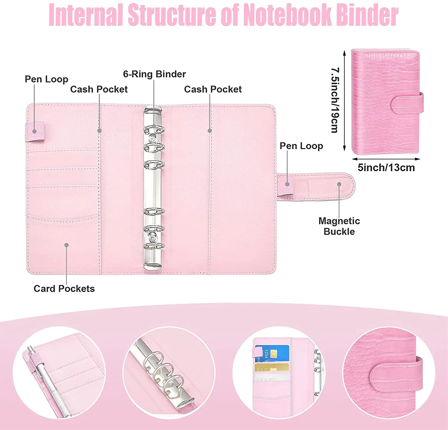 A6 PU Leather Notebook Binder Budget Planner, 8 Binder Pockets,Expense Budget Sheets,Sticker Label, Cash Envelopes for Budgeting