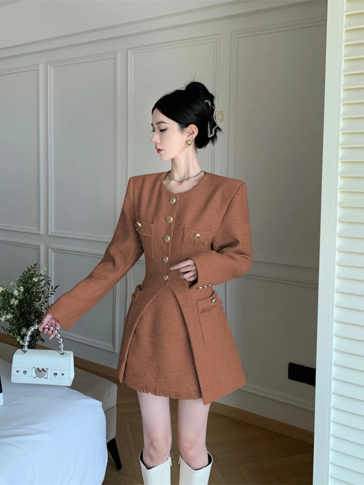 New Small Fragrance Tweed Fashion Ladies Set Chic O Neck Jacket + High Waist A Line Slim Skirt Korean Autumn Women Two Piece Set