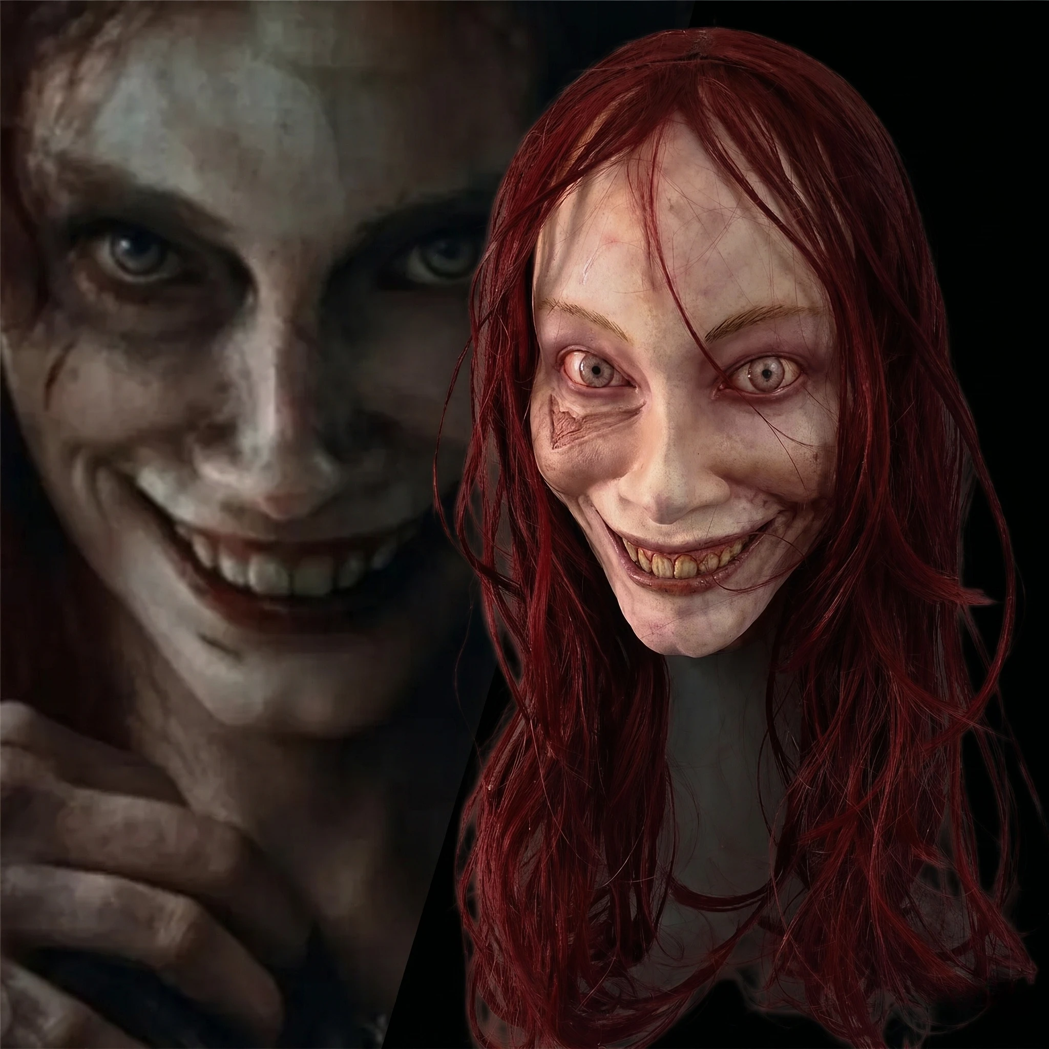 1Pc Creepy Full Head Mask with Wine Red Wig, Smiling Scarred Face Design, Adult Halloween Cosplay Party Decor