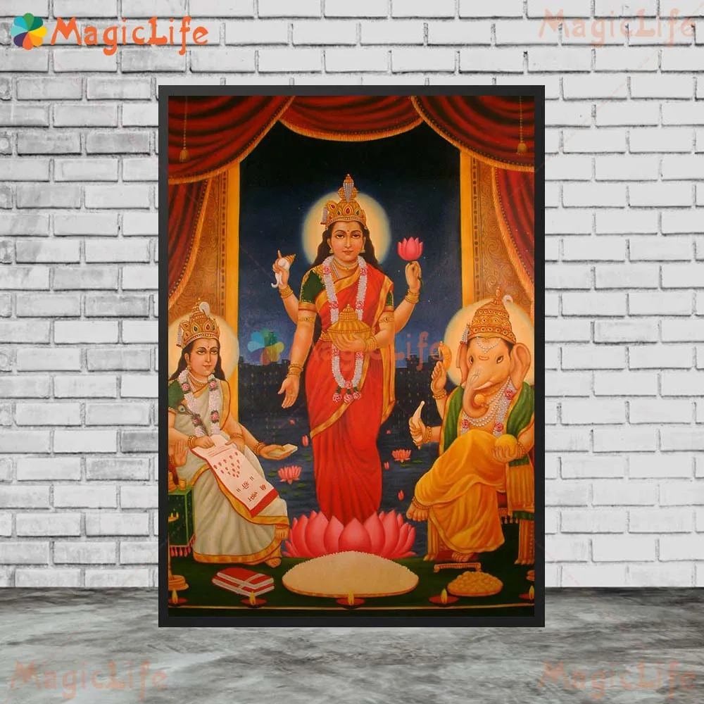 Lakshmi Indian Religion Lotus Seating Platform Poster Wall Pictures For Living Room Wall Art Canvas Painting Home Decor Unframed