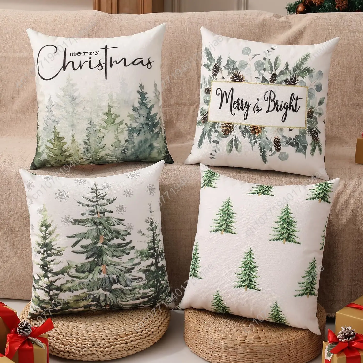 

Double-Sided Print Christmas Pillow Covers 18"x18" Set of 4, 8 Cute Christmas Patterns, Tree, Merry Christmas, Truck, Merry & Br
