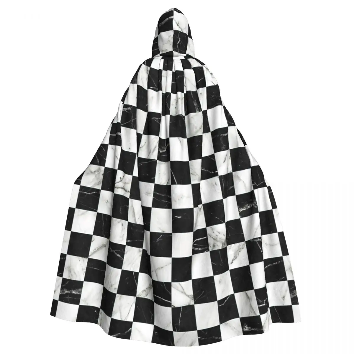 Marble Checkerboard Pattern - Black And White Hooded Cloak Halloween Party Cosplay Woman Men Adult Long Witchcraft Robe Hood