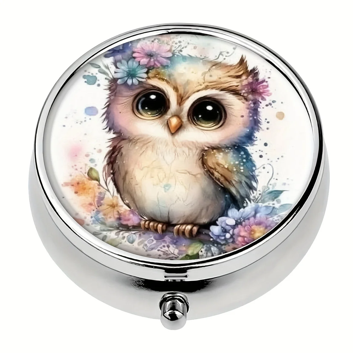 Watercolor Owl Round Pill Box,Household Portable Medicine Storage Box,3-grid Sub-packaging Medicine Box,For Outdoor Travel