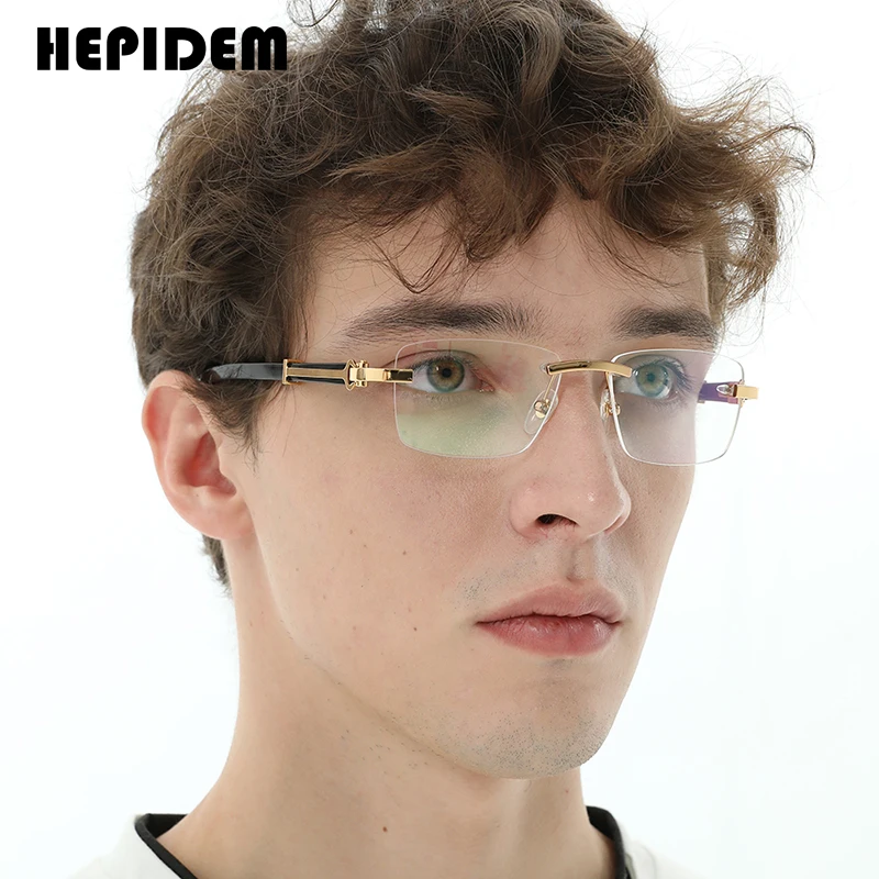 HEPIDEM Buffalo Horn Glasses Men Square Women Rimless Eyeglasses Frames Buffs Wood Eyewear 50251