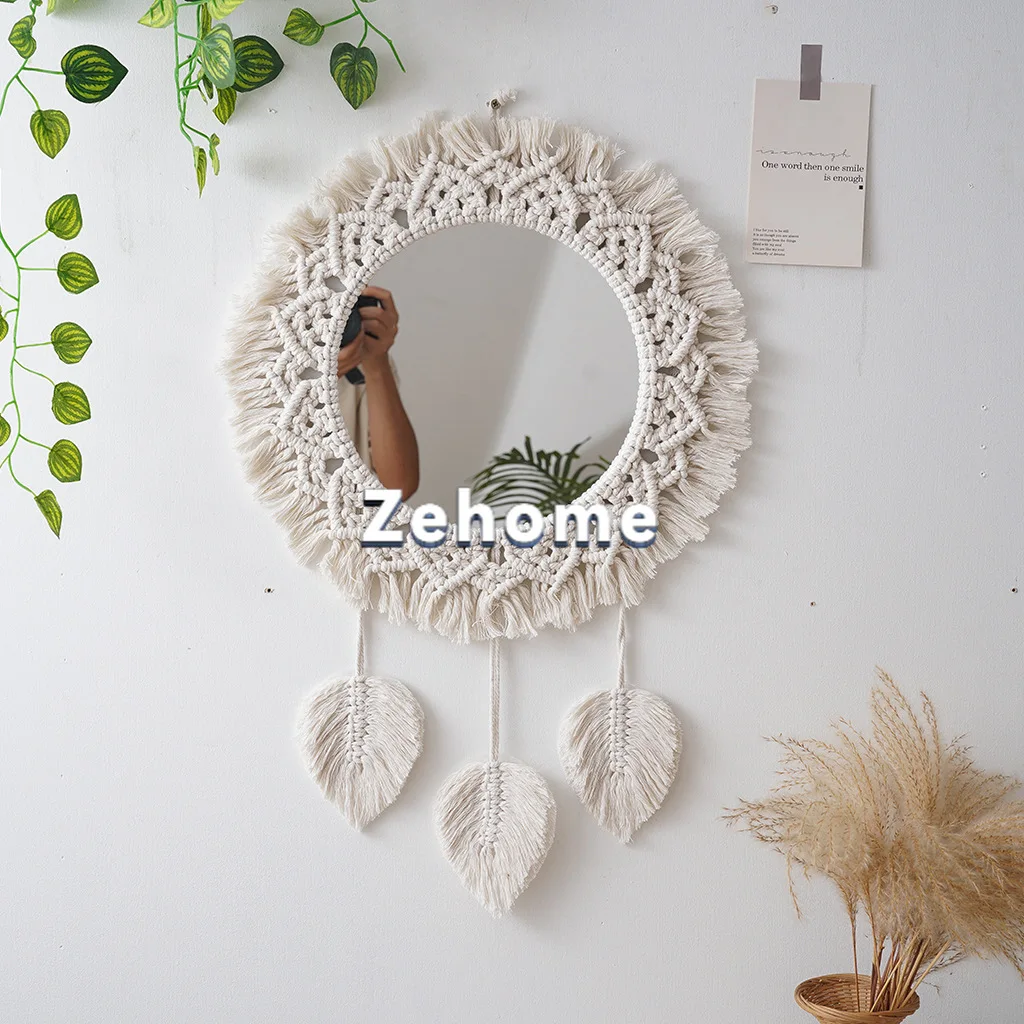 Bohemian mirror handmade tapestry tassel leaf makeup mirror bedside bedroom homestay home decoration wall hanging