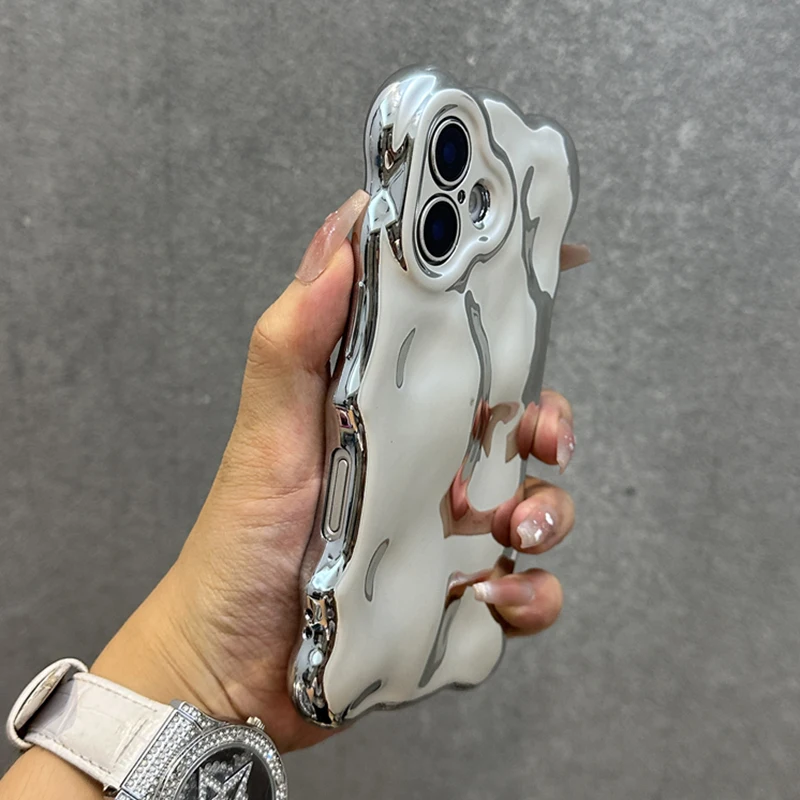 Ins Plating Metal Silver 3D Bubble Wave Edge Case For iPhone 17 Air 16 13 14 12 11 15 Plus Full Protection Glossy Back Cover