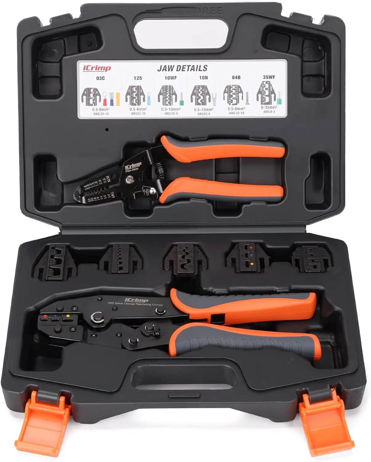 

8-Piece Ratcheting Crimping Tool Set with Quick-Change Jaws for Heat Shrink, Open Barrel, and Ferrules AWG 20-2
