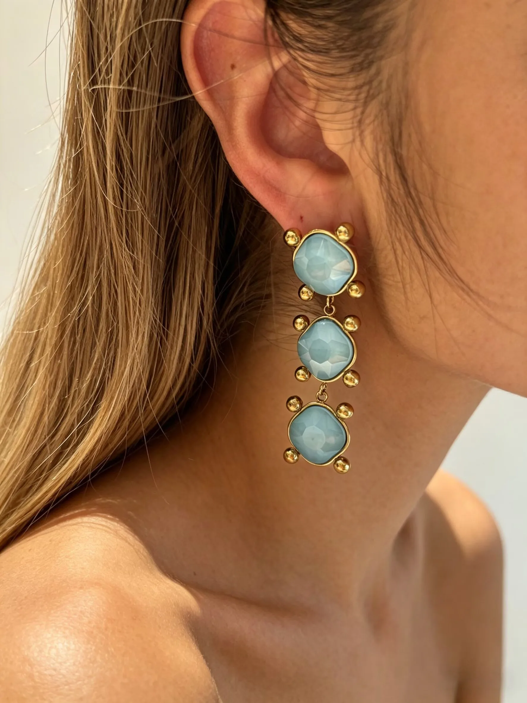 Peri'sbox New Stainless Steel Natural Blue Pendant Crystal Tassel Earrings Women's Fashion Design Wedding Party Jewelry Gifts