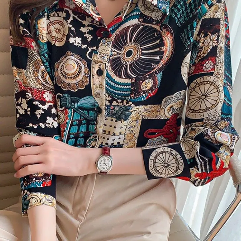 Vintage Folk Style Printed Shirt Fashion Women\'s Clothing Spring Autumn All-match Long Sleeve Button Turn-down Collar Blouse