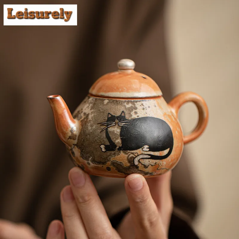 110ml Japanese Zhiye Cat Teapot Retro Wood-fired Porcelain Pot Tea Maker Kettle with Ball Hole Strainer Teaset Accessories Craft