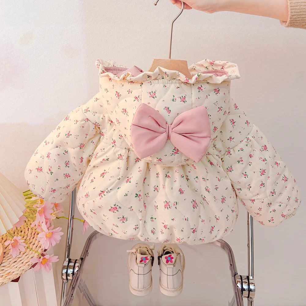 Girls Cotton Clothes 2026 Spring and Autumn New Childrens Clothing Korean Style Girl Baby Pink Bow Floral Hooded Cotton Clothes - view 4