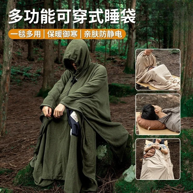 Wearable Poncho Sleeping Bag Hooded Fleece Warm Anti‑Static Separating Dirty Liner Blanket for  Outdoor Camping Hiking Travel